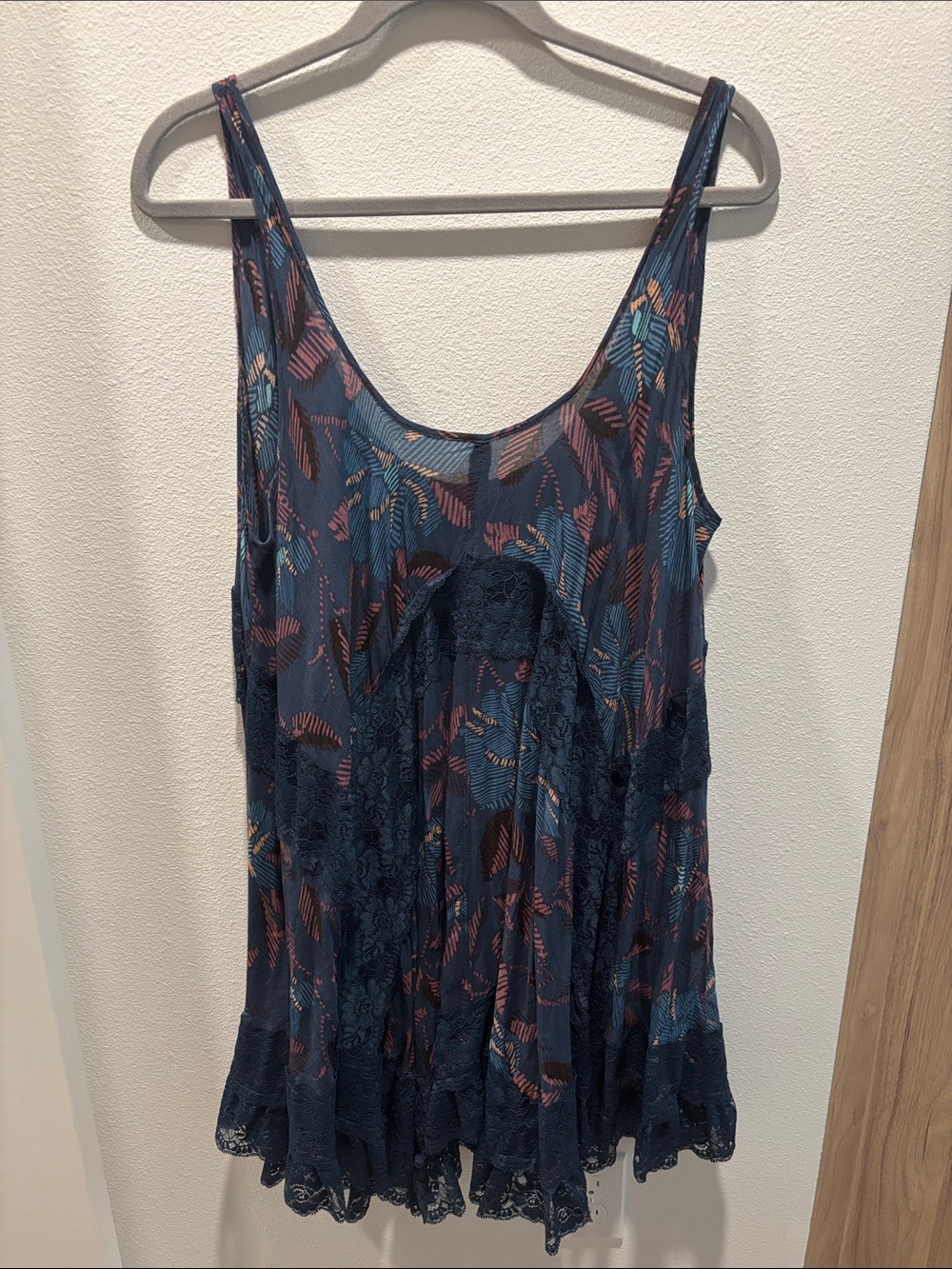 Navy Floral Leaf Lace-Trim Tank Dress